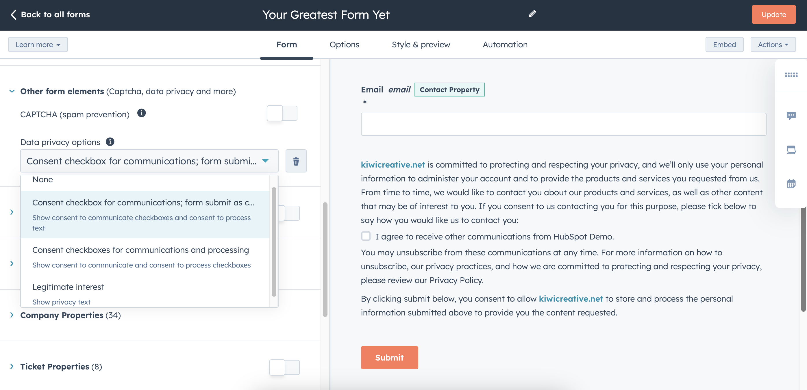 HubSpot GDPR on Forms