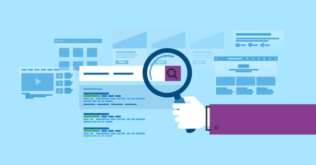 illustration of hand with magnifying glass looking at search bar