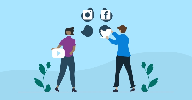 Two people selecting YouTube and Twitter social media logos