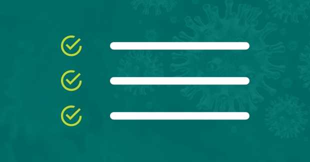 Graphic checklist on top of abstract COVID-19 germs