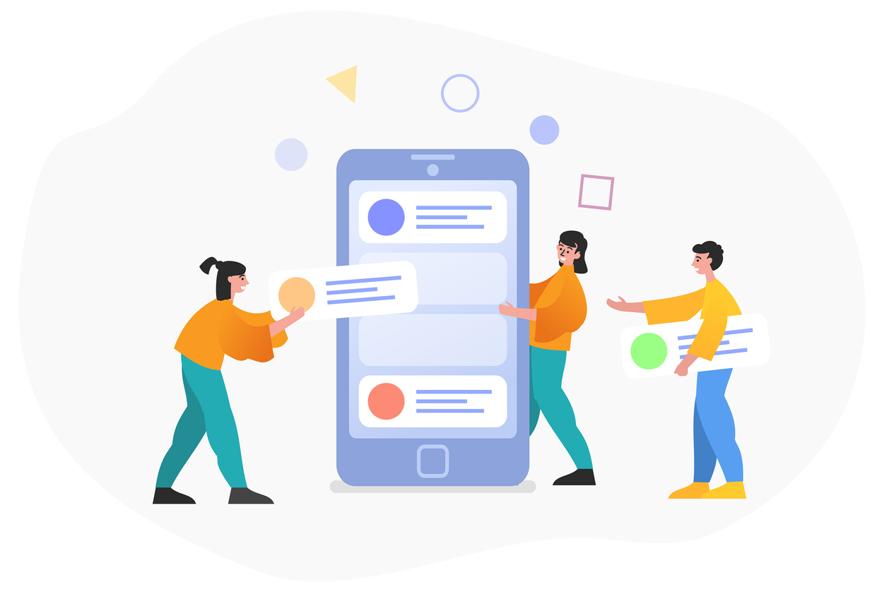 Graphic illustration of three people managing social media posts on a phone