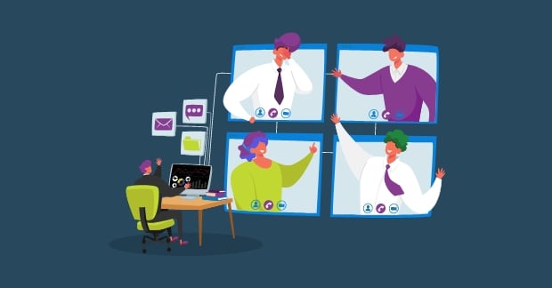 Illustration of 4 squares of people talking with someone seated at a desk
